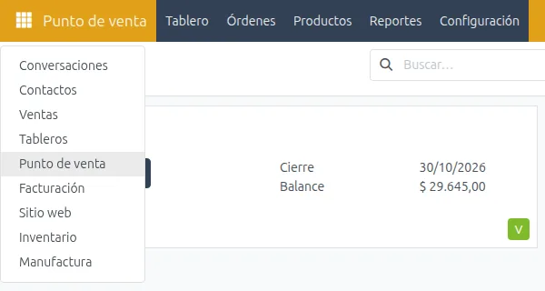 Al entrar: Punto de venta, y el menú de apps arriba a la izquierda