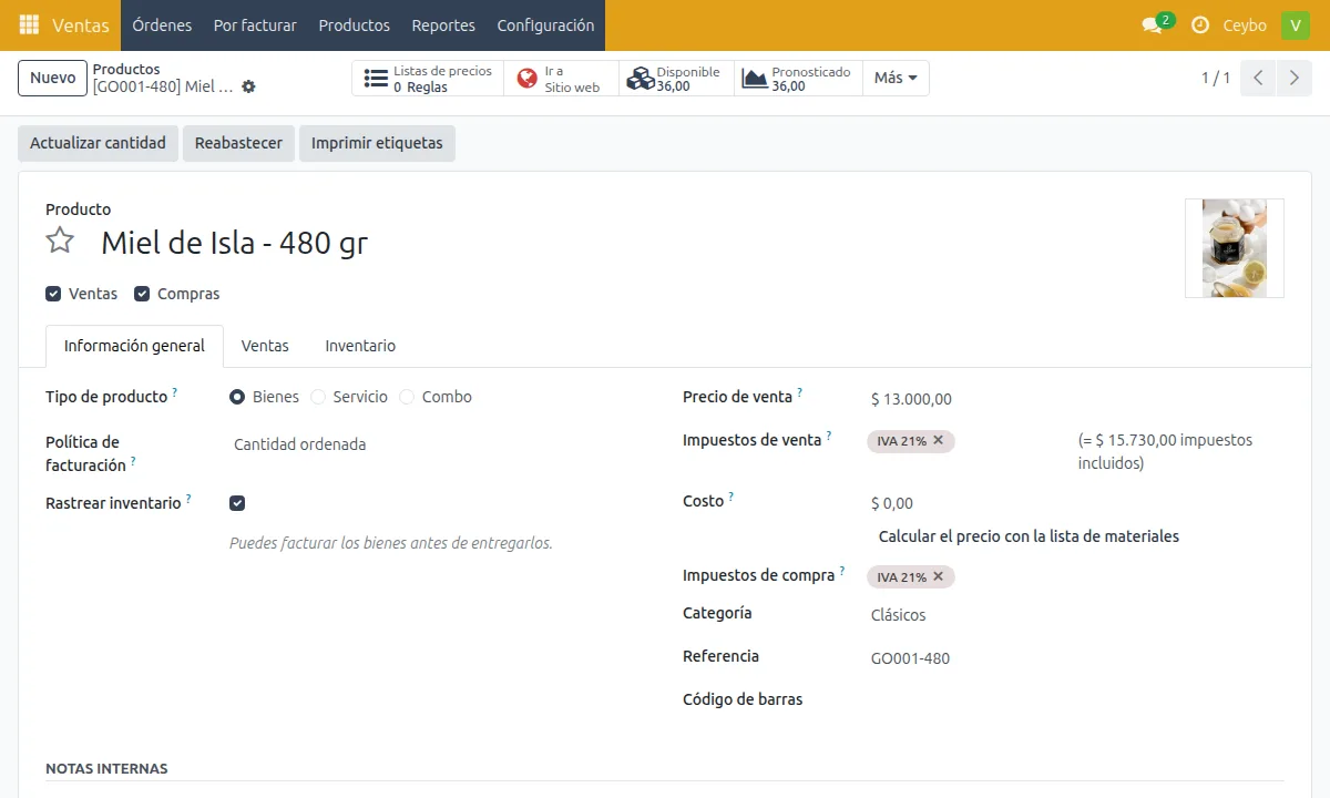 Ficha de producto: precio de venta, costo, referencia y foto