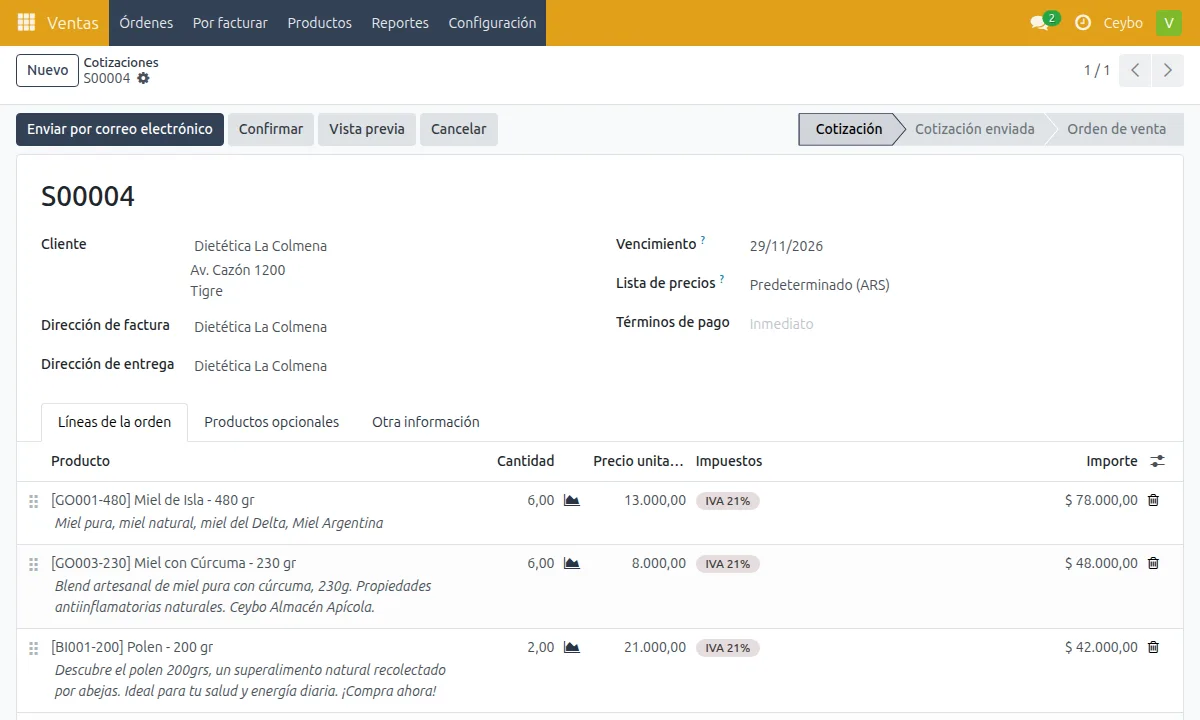 Presupuesto listo para enviar: arriba están Confirmar y Vista previa