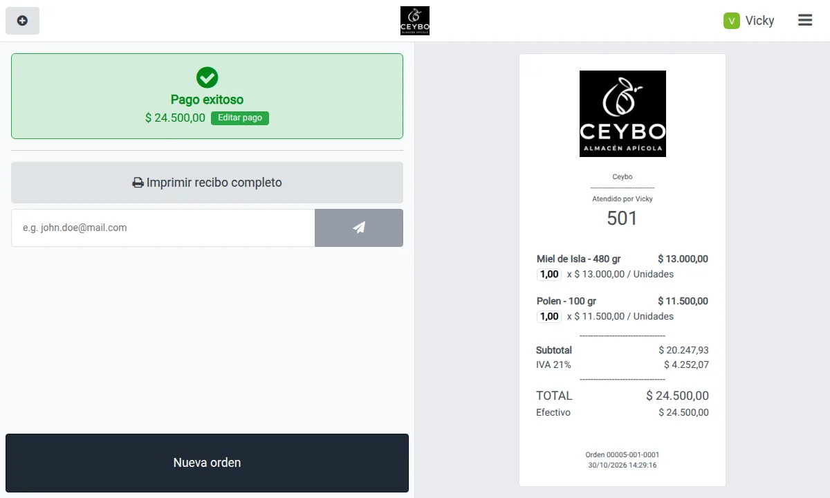 Pago listo y ticket con el logo de Ceybo